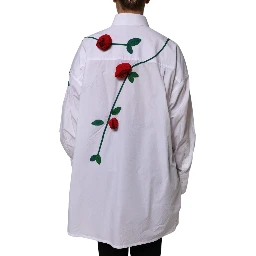 White Cotton Floral Appliques Dress Shirt Top