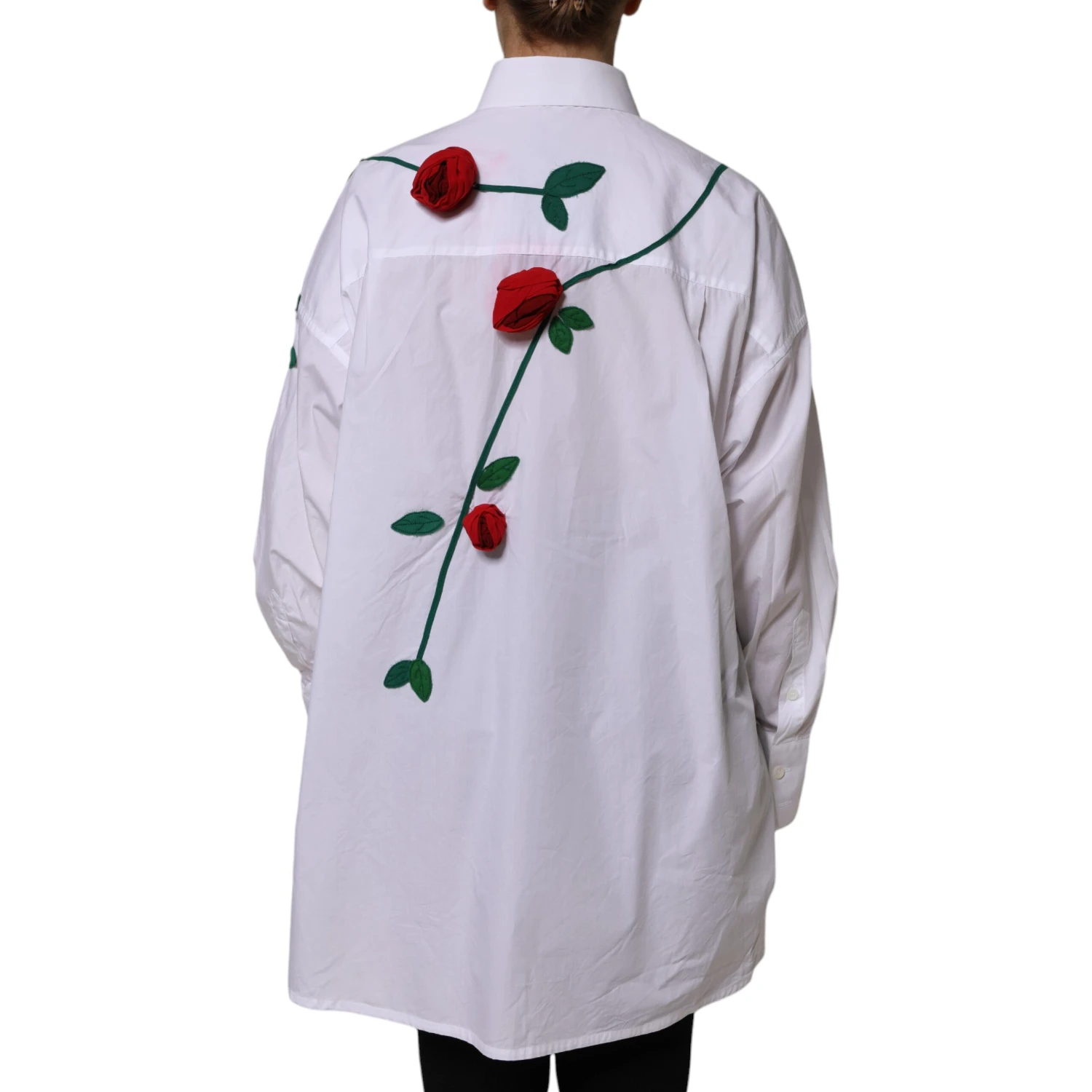 White Cotton Floral Appliques Dress Shirt Top