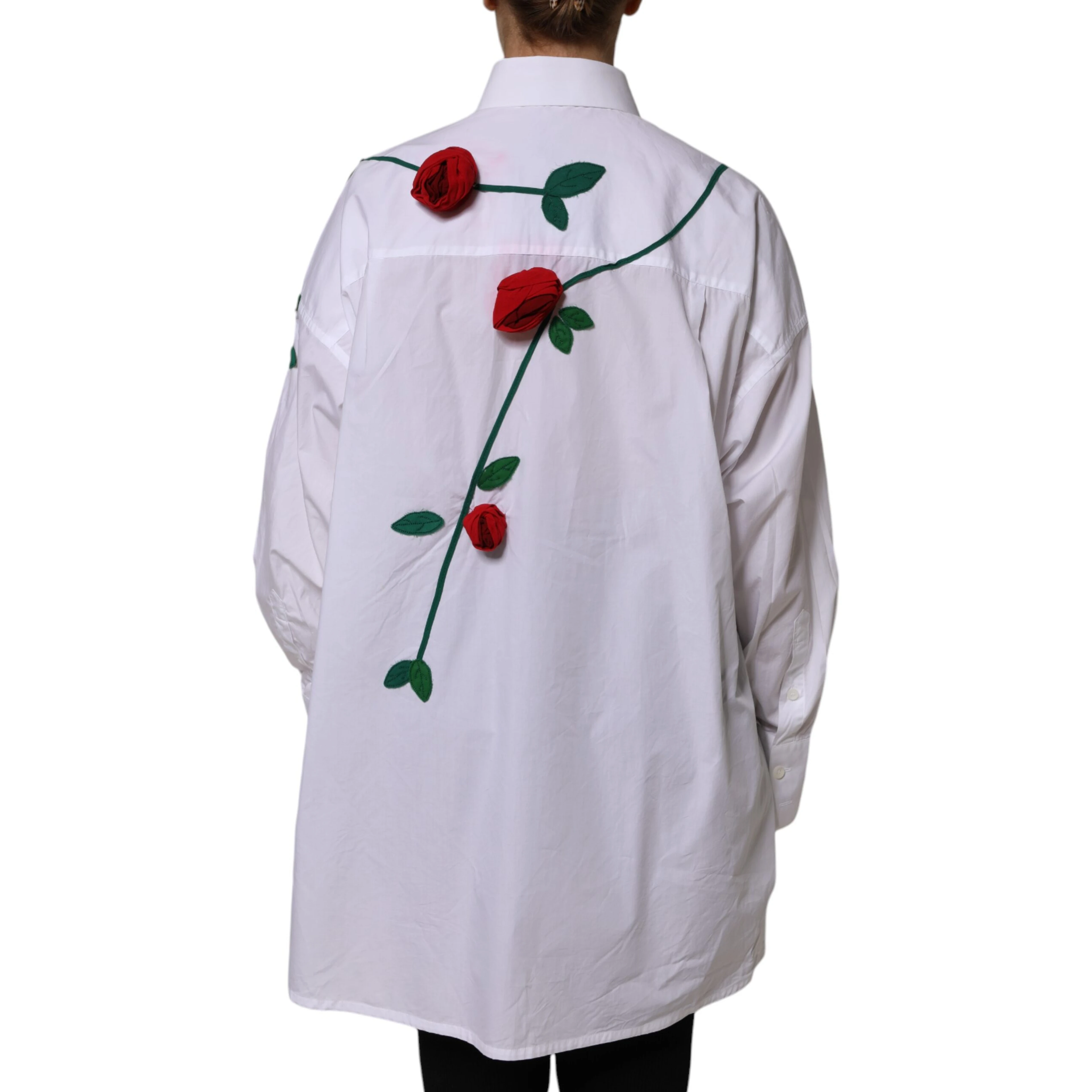 White Cotton Floral Appliques Dress Shirt Top
