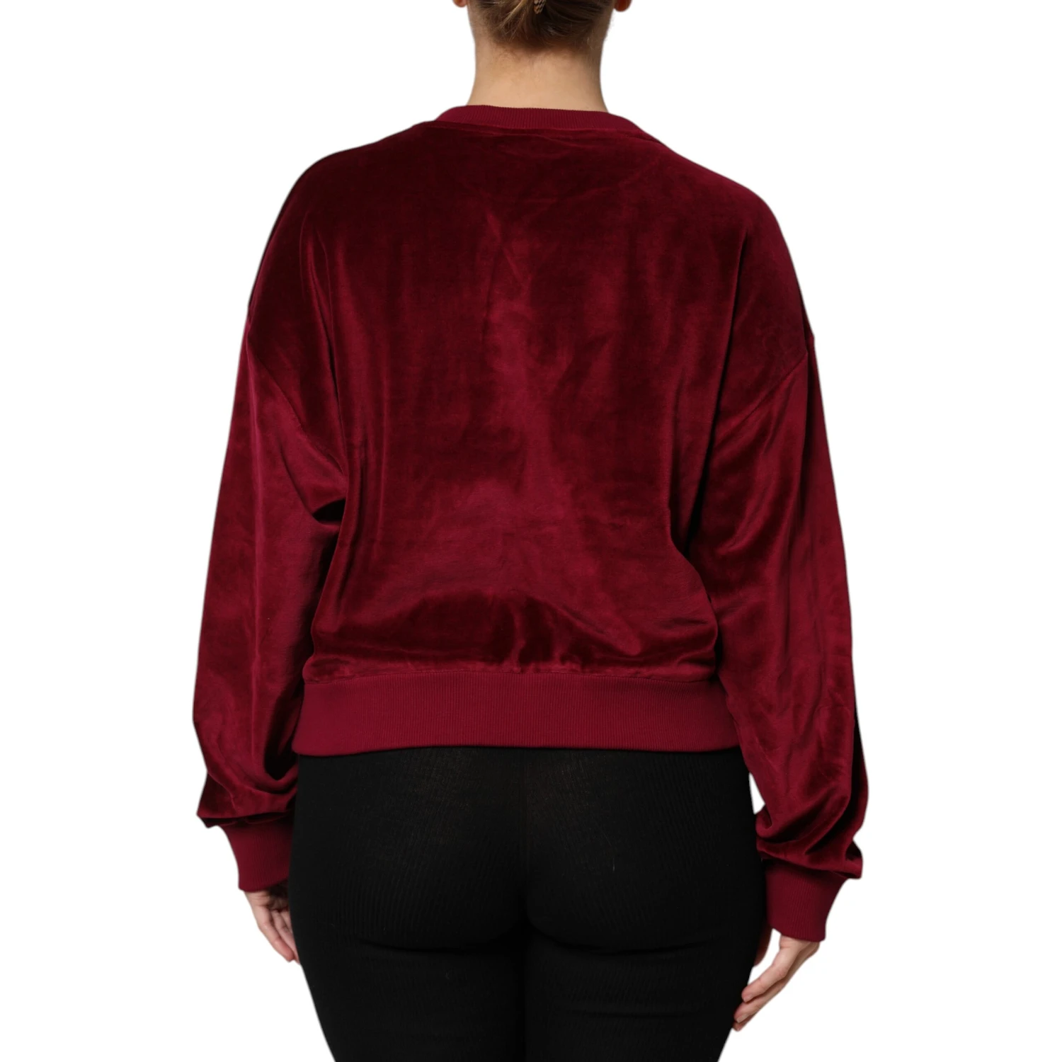 Red Cotton Velvet Crew Neck Pullover Sweater