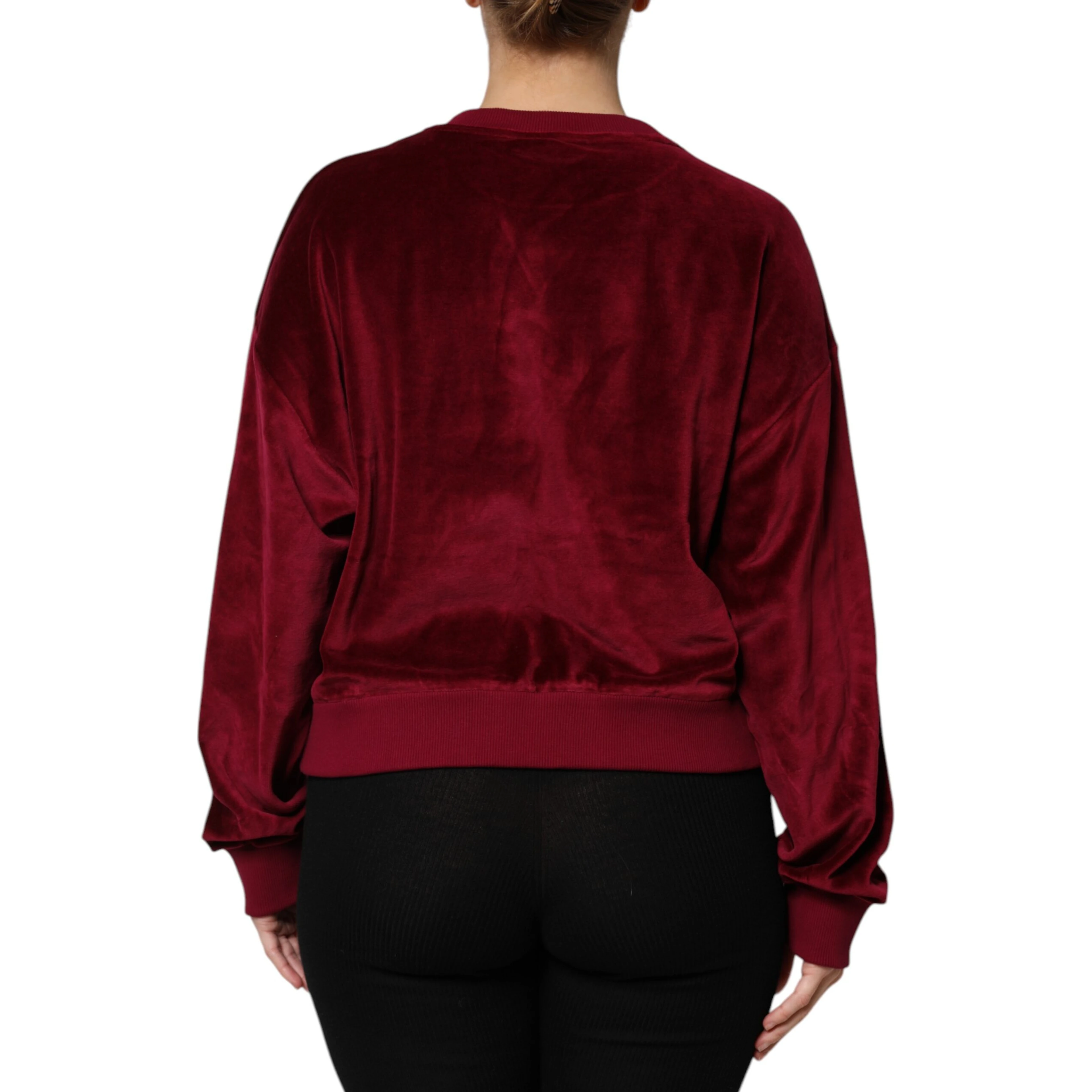 Red Cotton Velvet Crew Neck Pullover Sweater