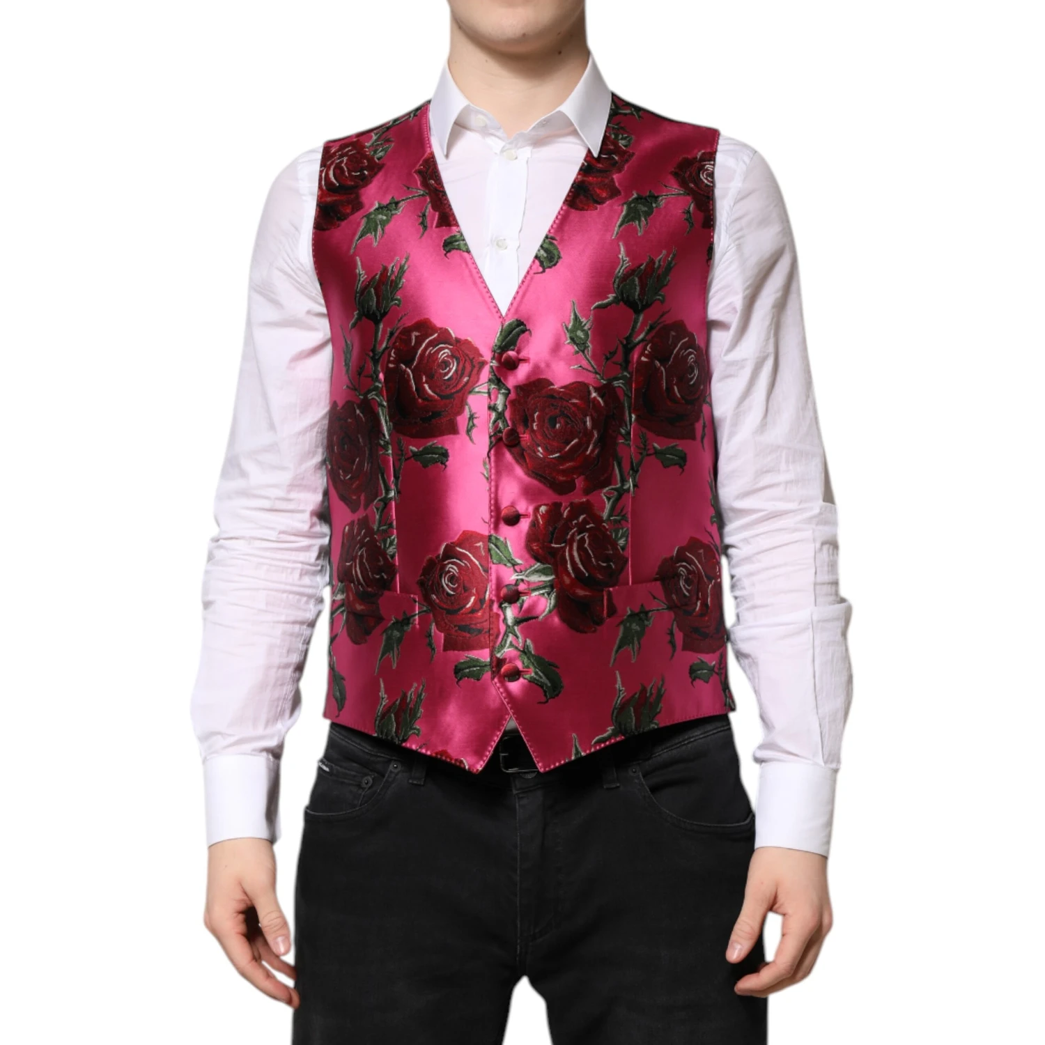Pink Floral Satin Formal Men Waistcoat Vest