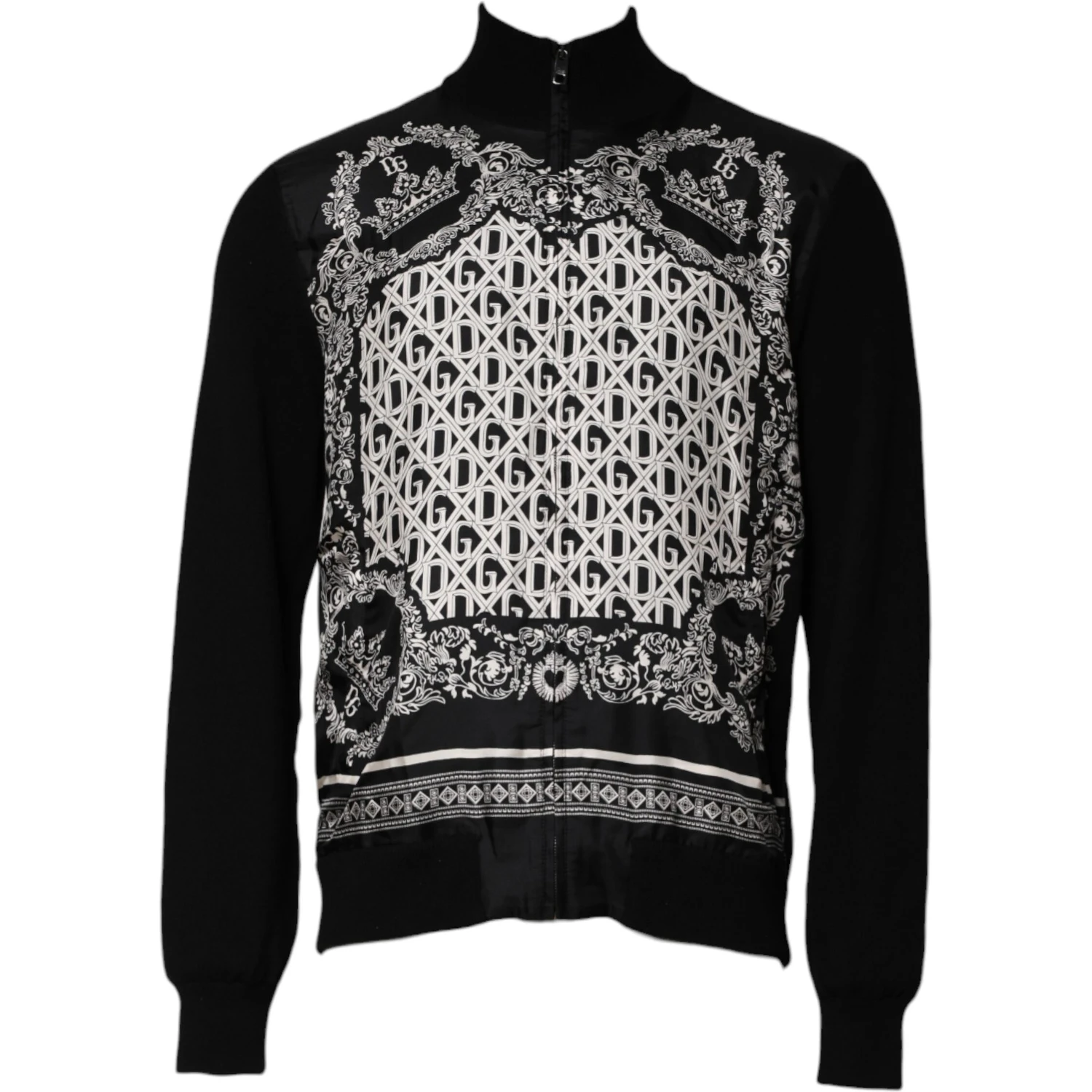 Black White Bandana Print Full Zip Sweater