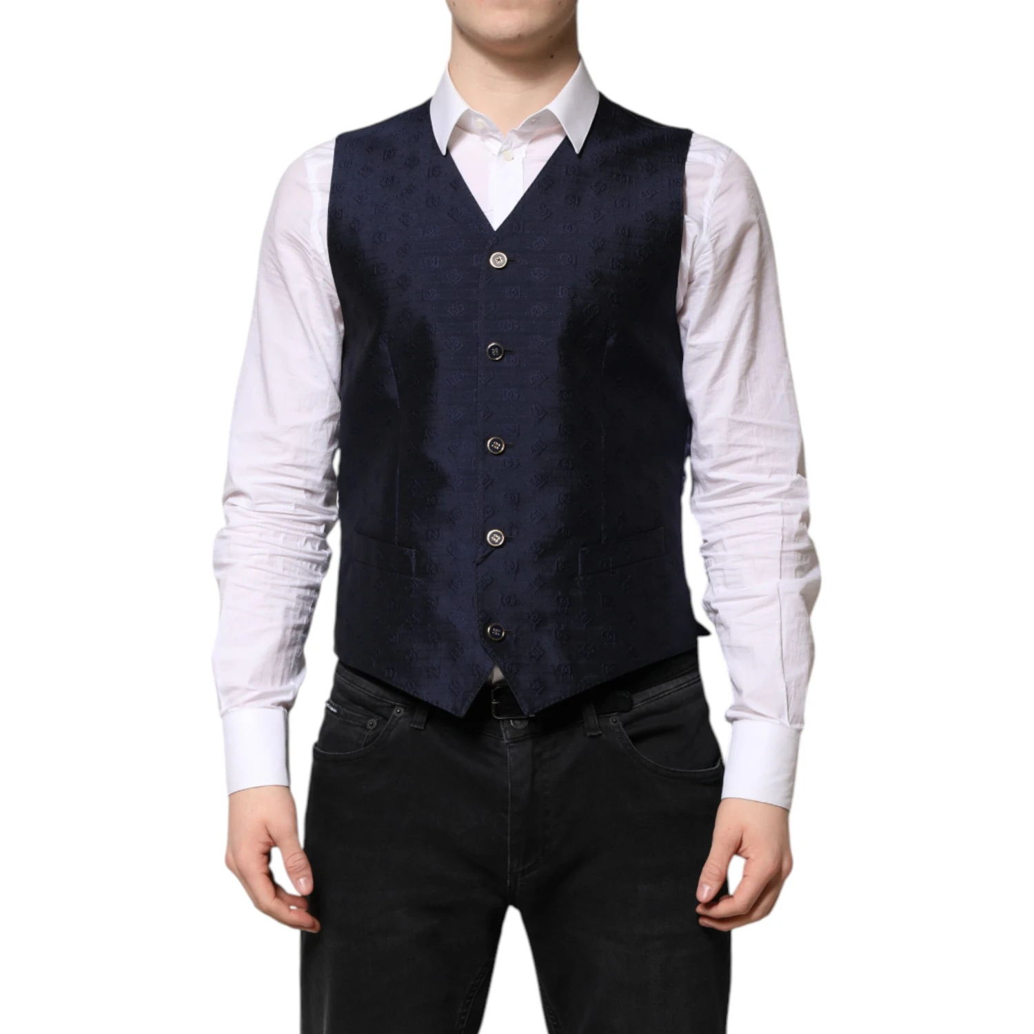 Dark Blue Logo Wool Formal Men Waistcoat Vest