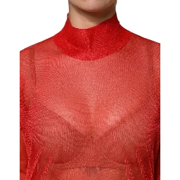 Red Tulle Turtleneck Long Sleeve Blouse Top