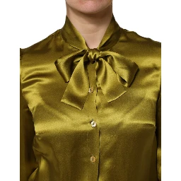 Green Ascot Collar Long Sleeves Blouse Top