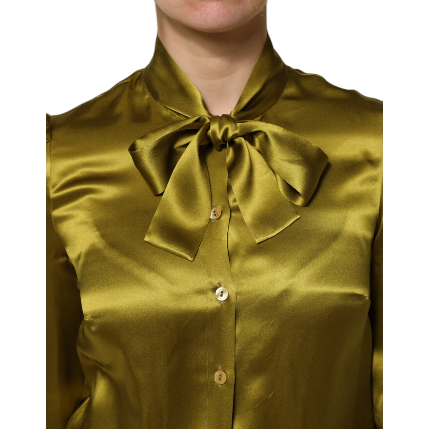 Green Ascot Collar Long Sleeves Blouse Top