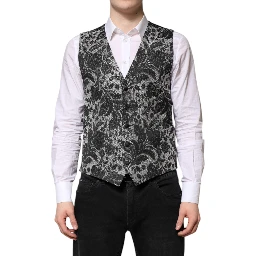 Black Gray Brocade Formal Men Waistcoat Vest