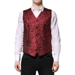 Red Floral Brocade Formal Men Waistcoat Vest