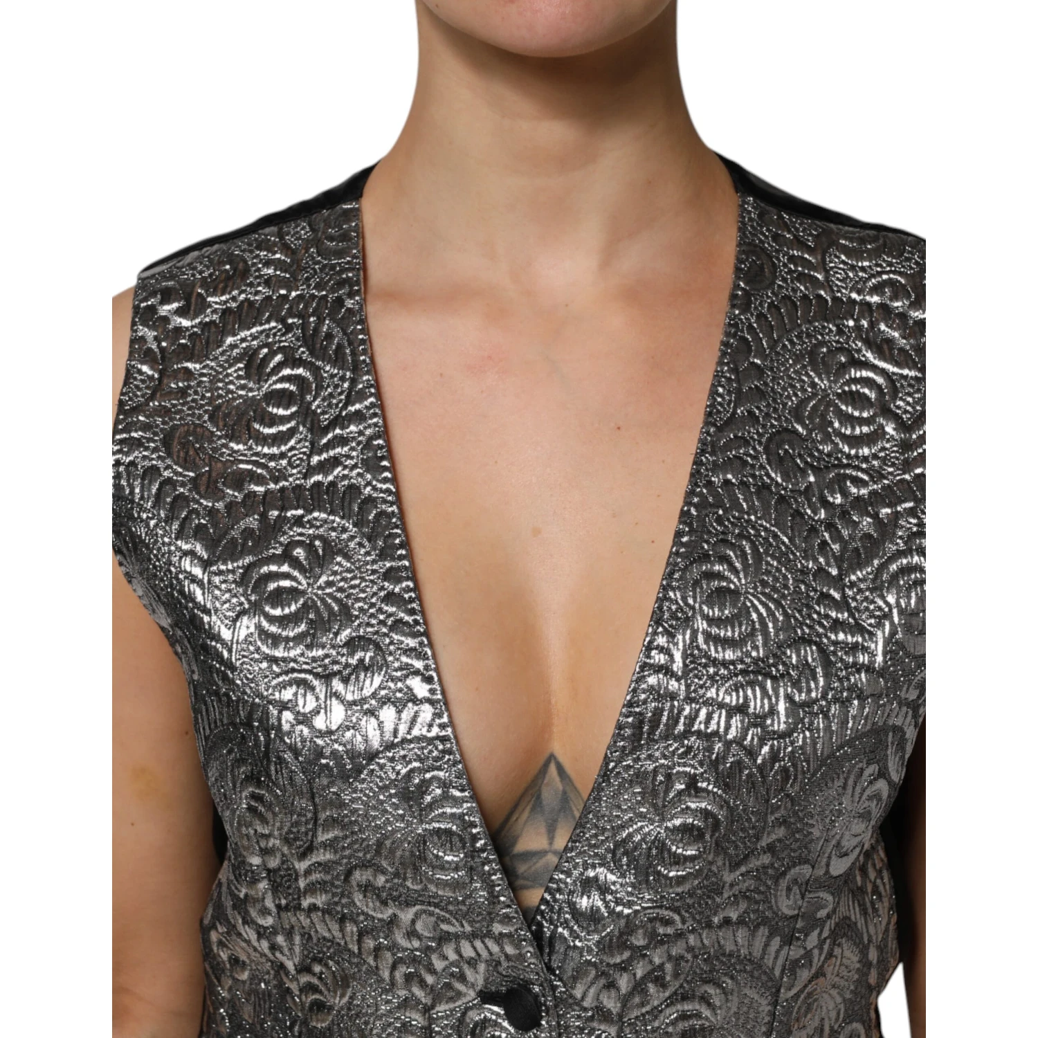 Silver Floral Jacquard Sleeveless Vest Top