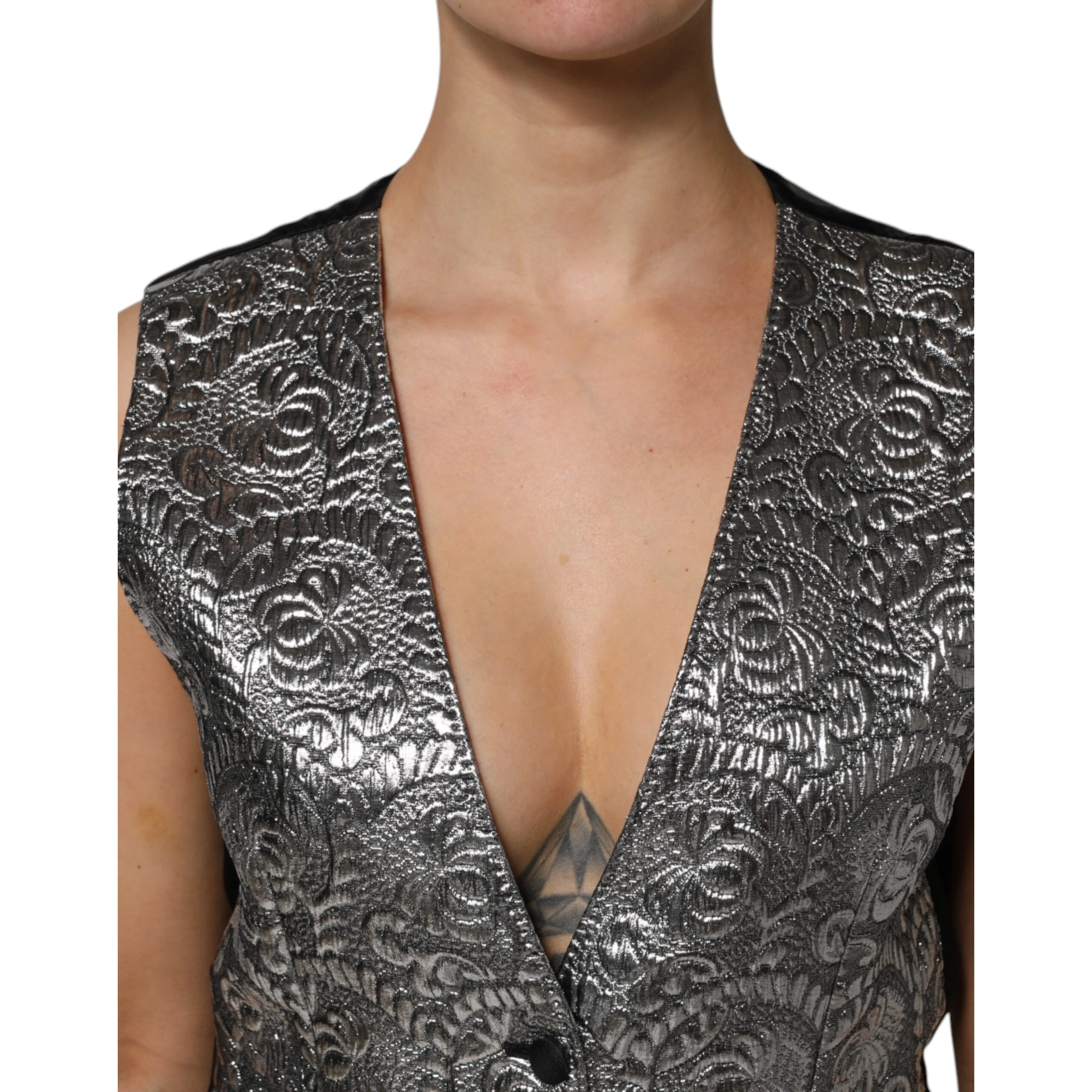 Silver Floral Jacquard Sleeveless Vest Top