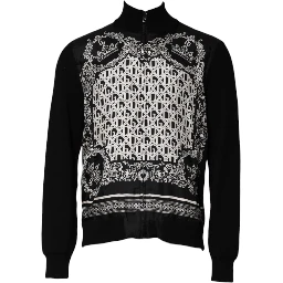 Black White Bandana Print Full Zip Sweater