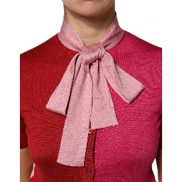 Pink Short Sleeves Buttoned Ascot Collar Top