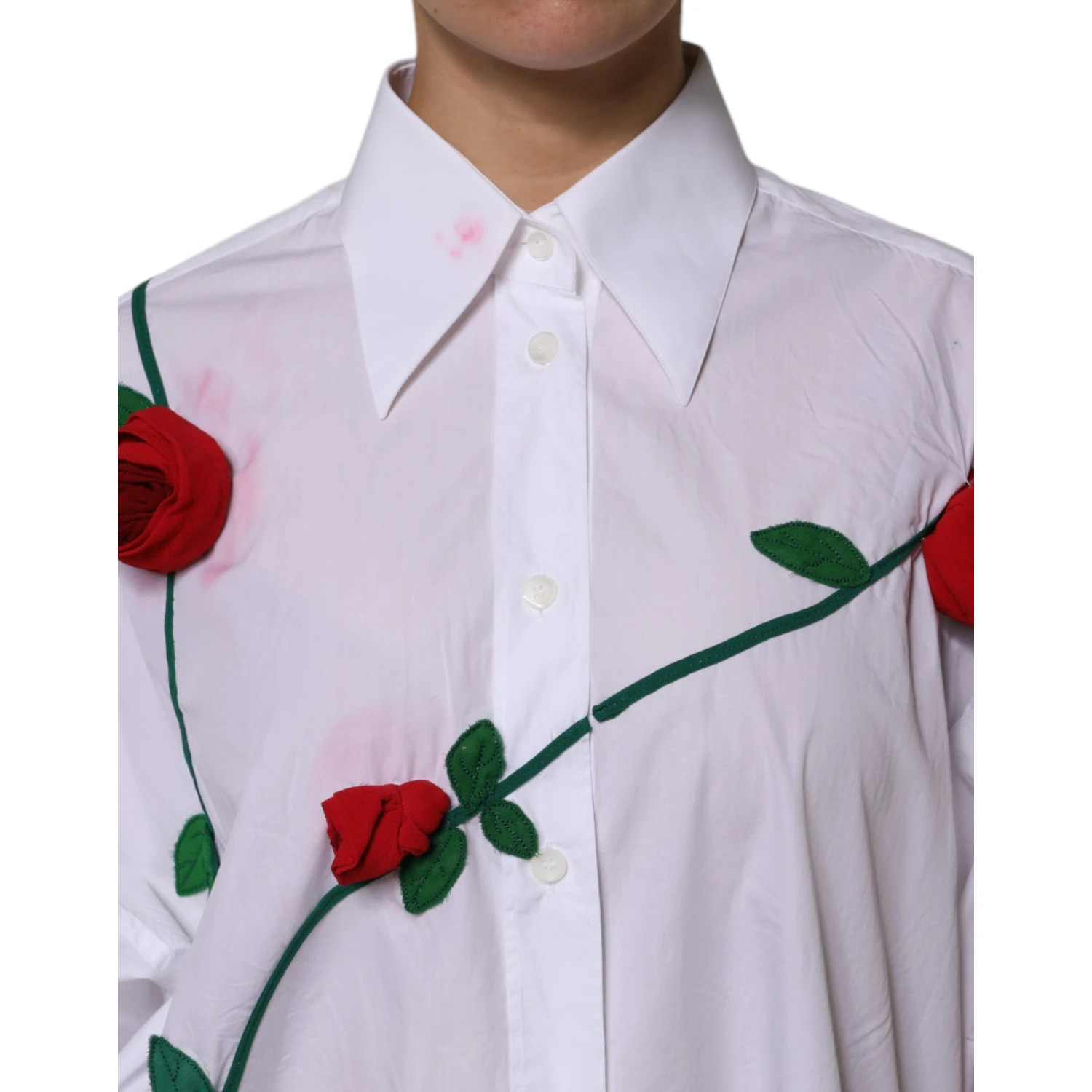 White Cotton Floral Appliques Dress Shirt Top