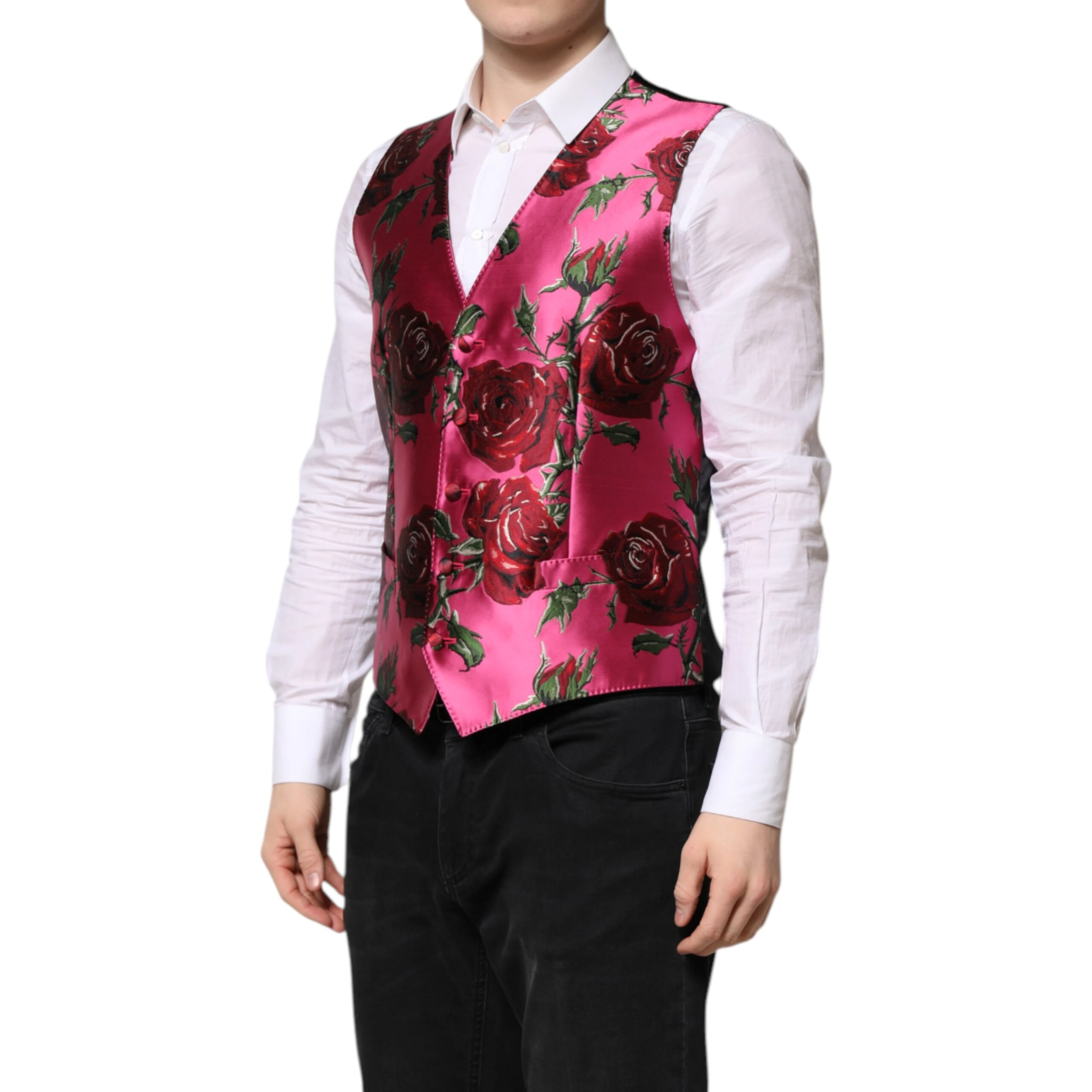 Pink Floral Satin Formal Men Waistcoat Vest