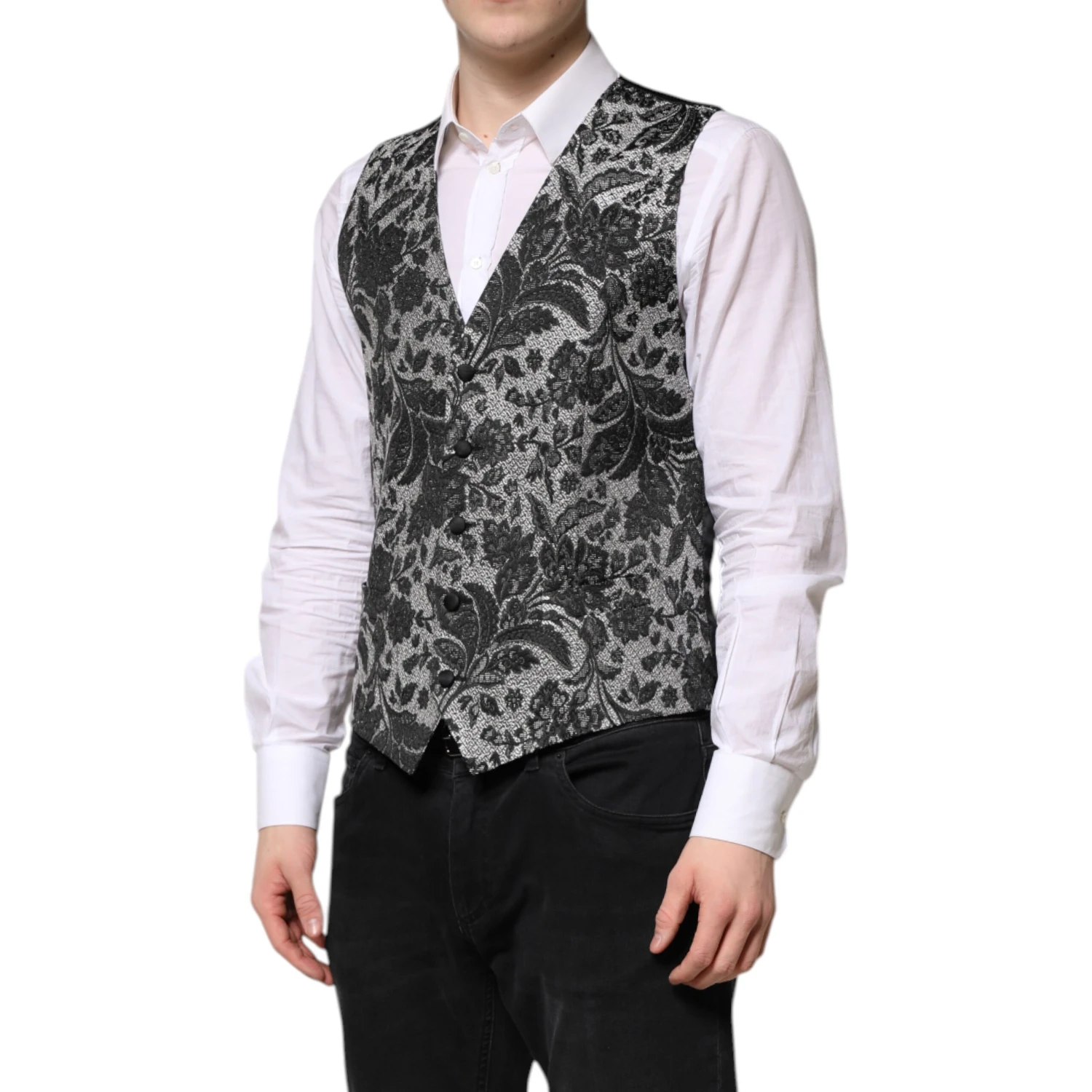 Black Gray Brocade Formal Men Waistcoat Vest