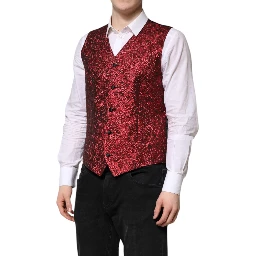 Red Floral Brocade Formal Men Waistcoat Vest