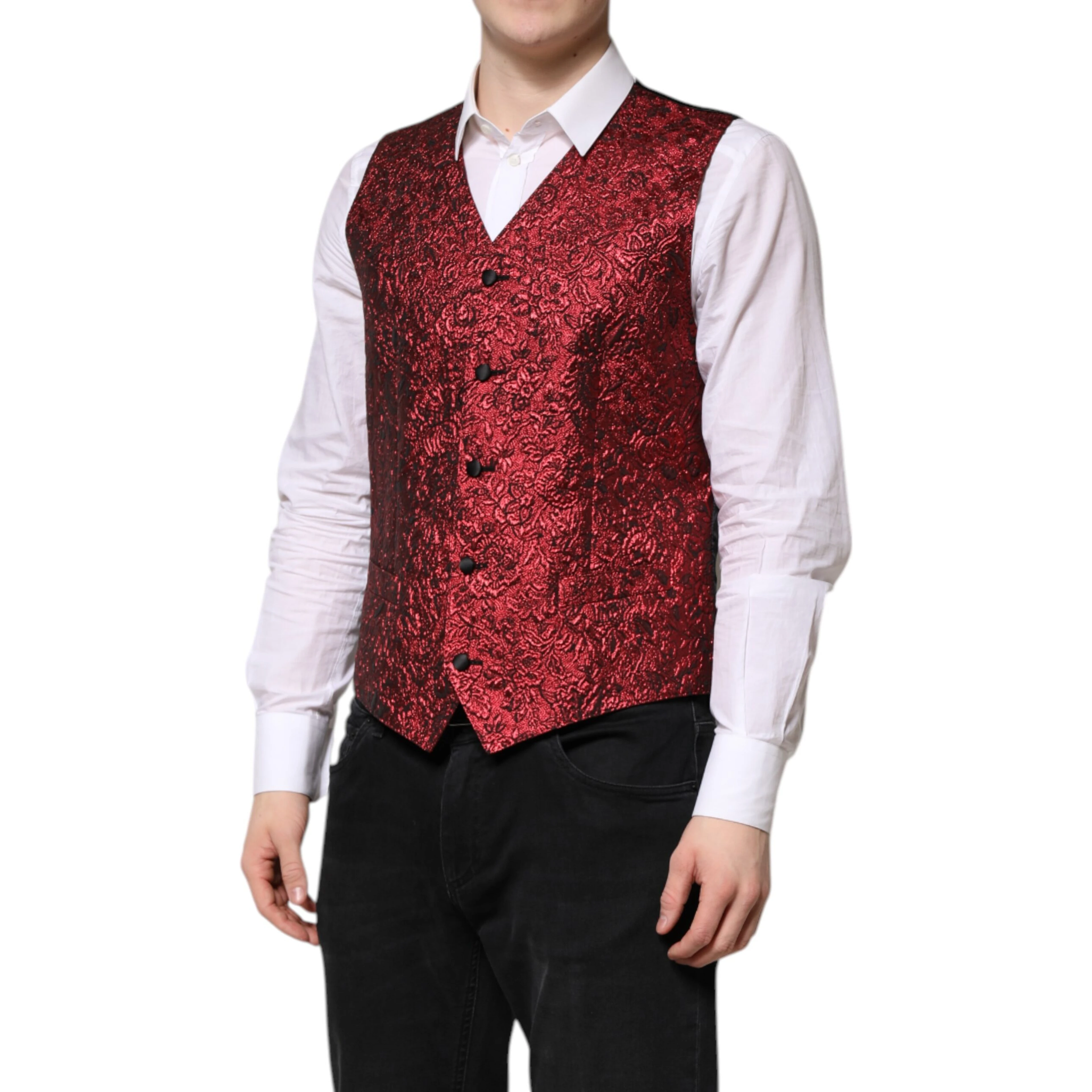 Red Floral Brocade Formal Men Waistcoat Vest