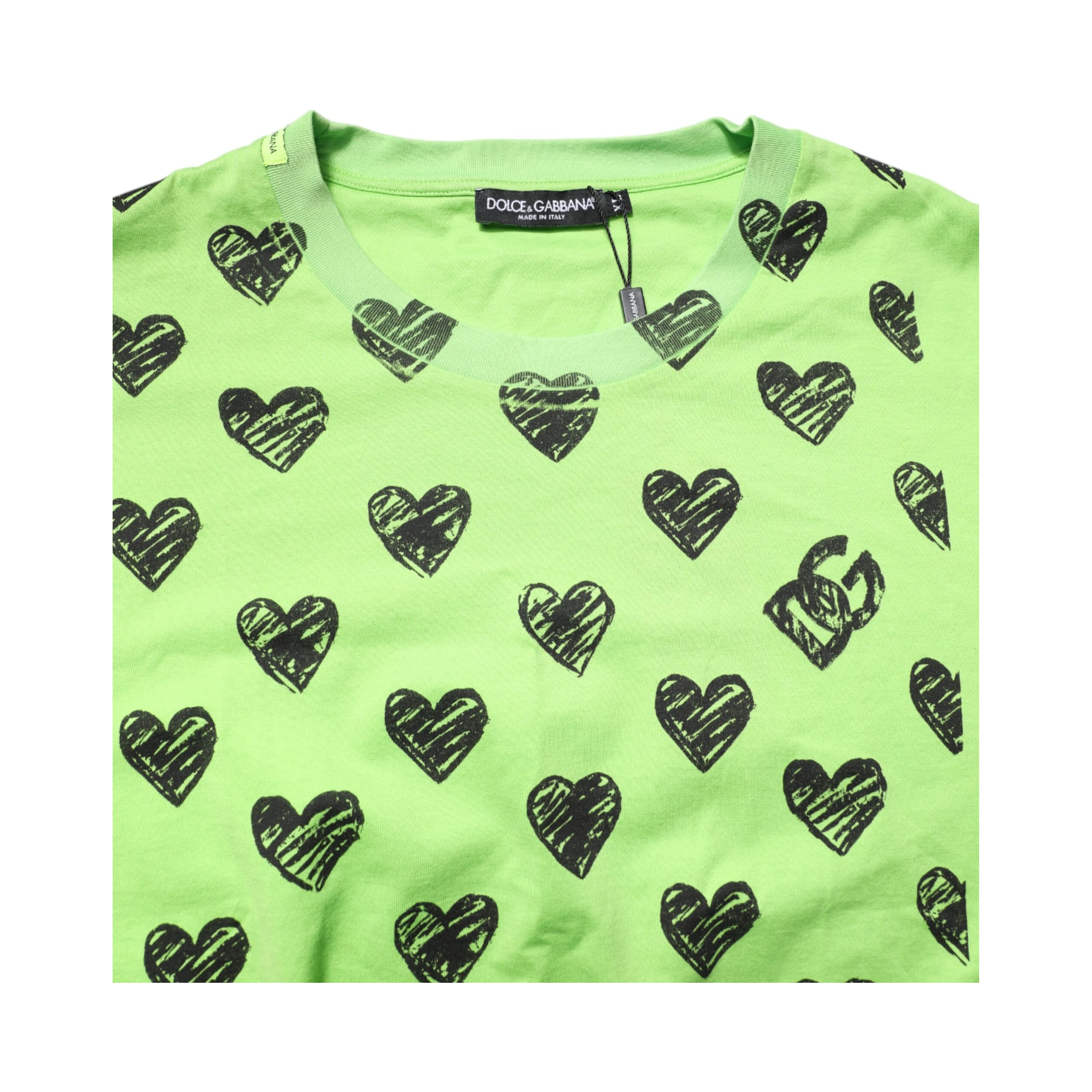 Green Heart Print Cotton Crew Neck T-shirt