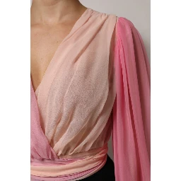 Pink Plunging V-neck Long Sleeves Blouse Top