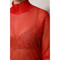 Red Tulle Turtleneck Long Sleeve Blouse Top