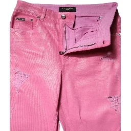 Pink Tattered Mid Waist Tapered Denim Jeans