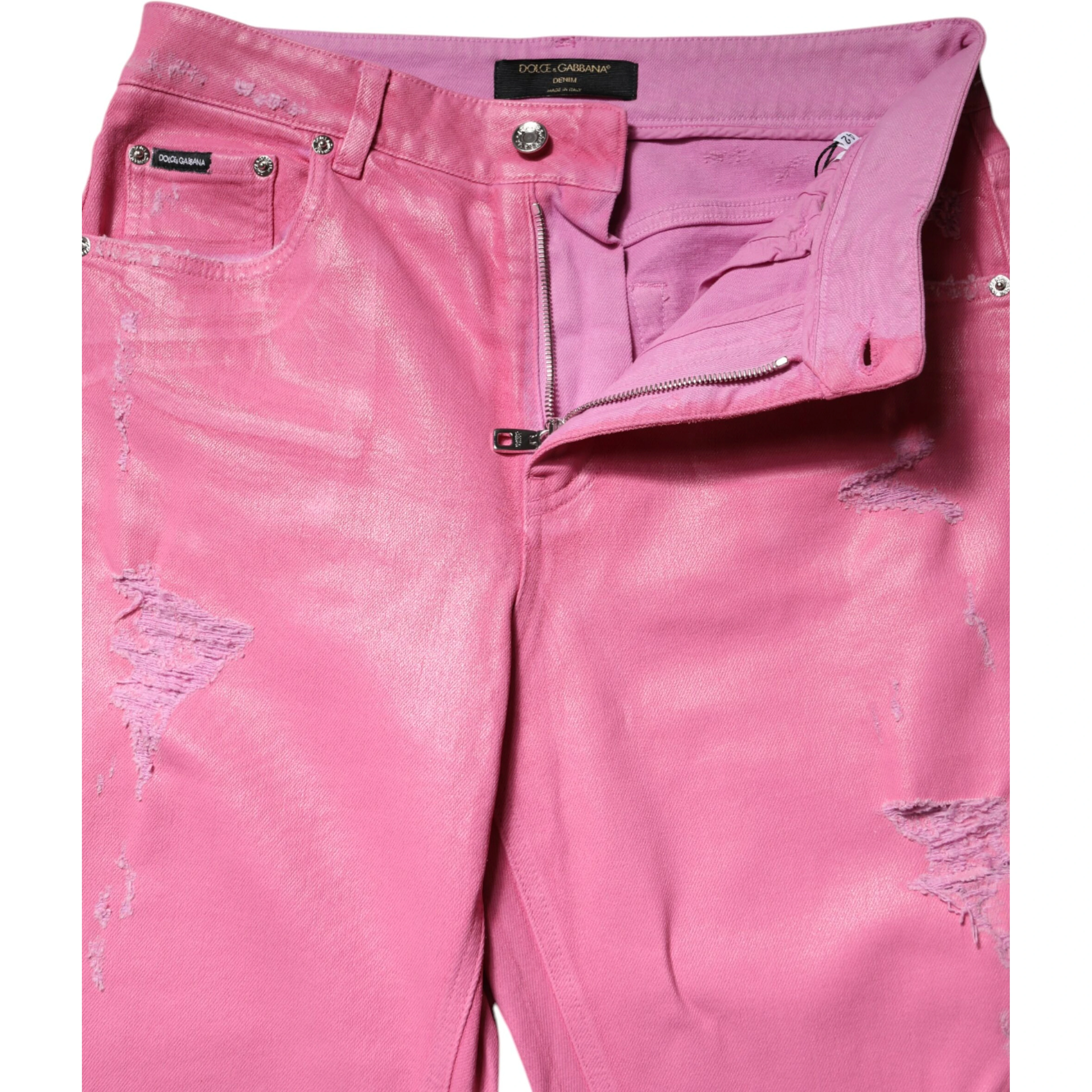 Pink Tattered Mid Waist Tapered Denim Jeans