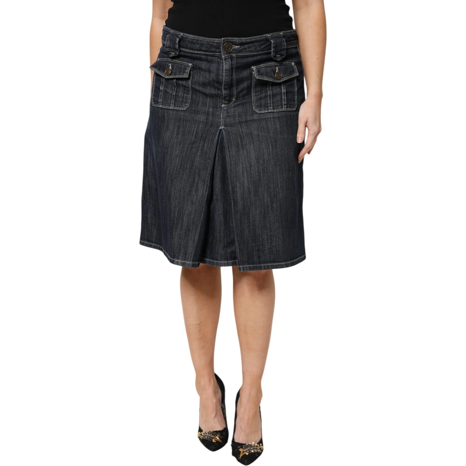 Black Cotton Blend Denim Top Skirt Casual Set