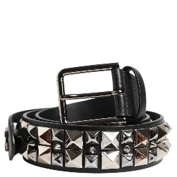 Black Calf Leather Studded Silver Buckle Belt