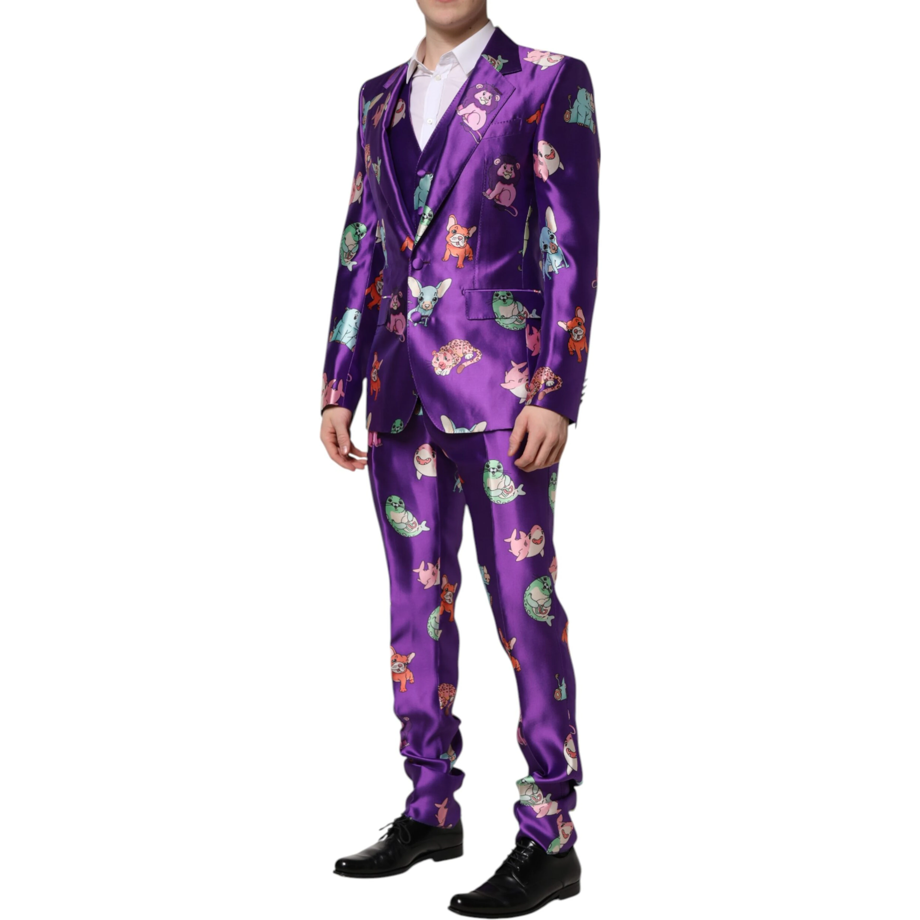 Purple Silk Animal Print 3 Piece Suit