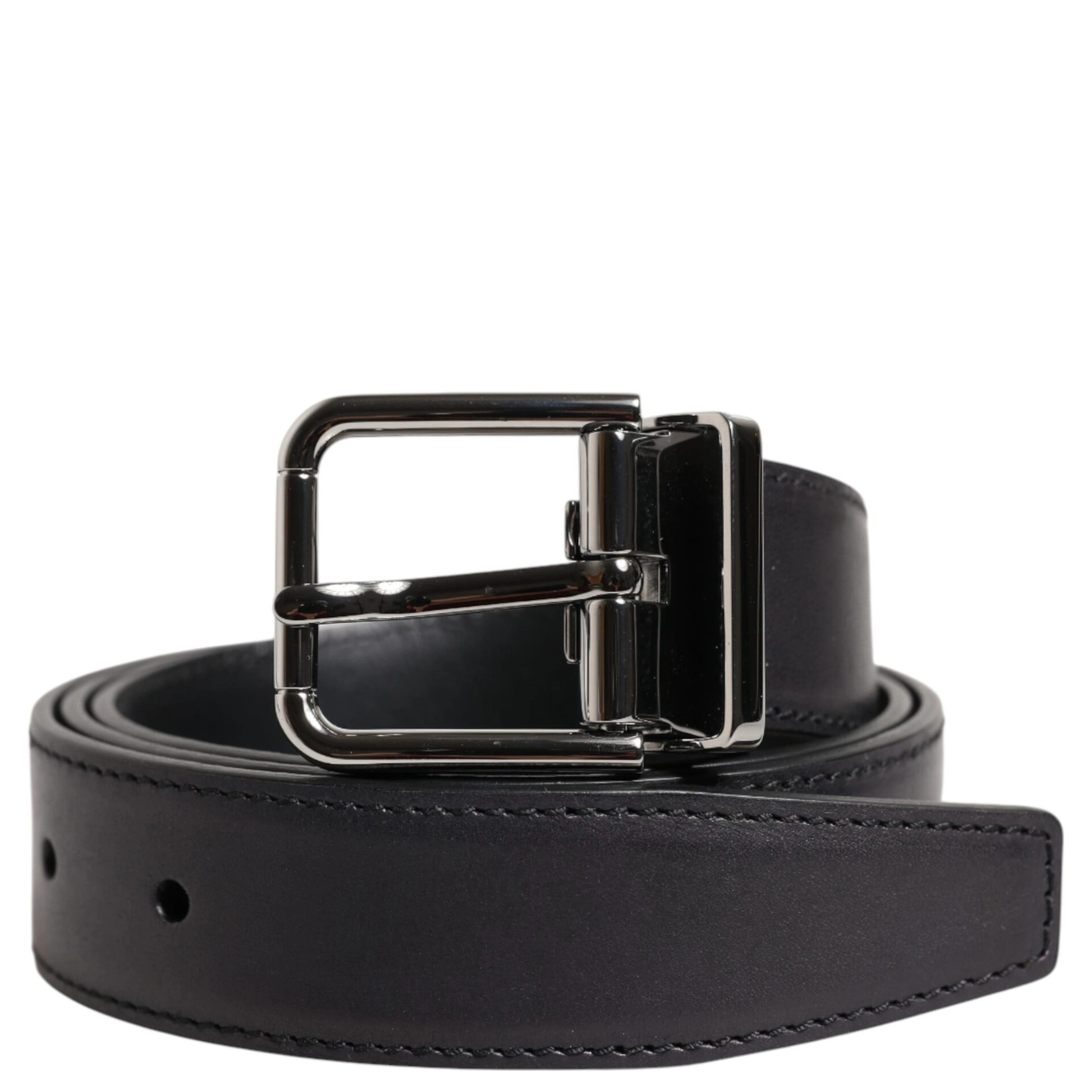 Black Classic Calf Leather Silver Buckle Belt