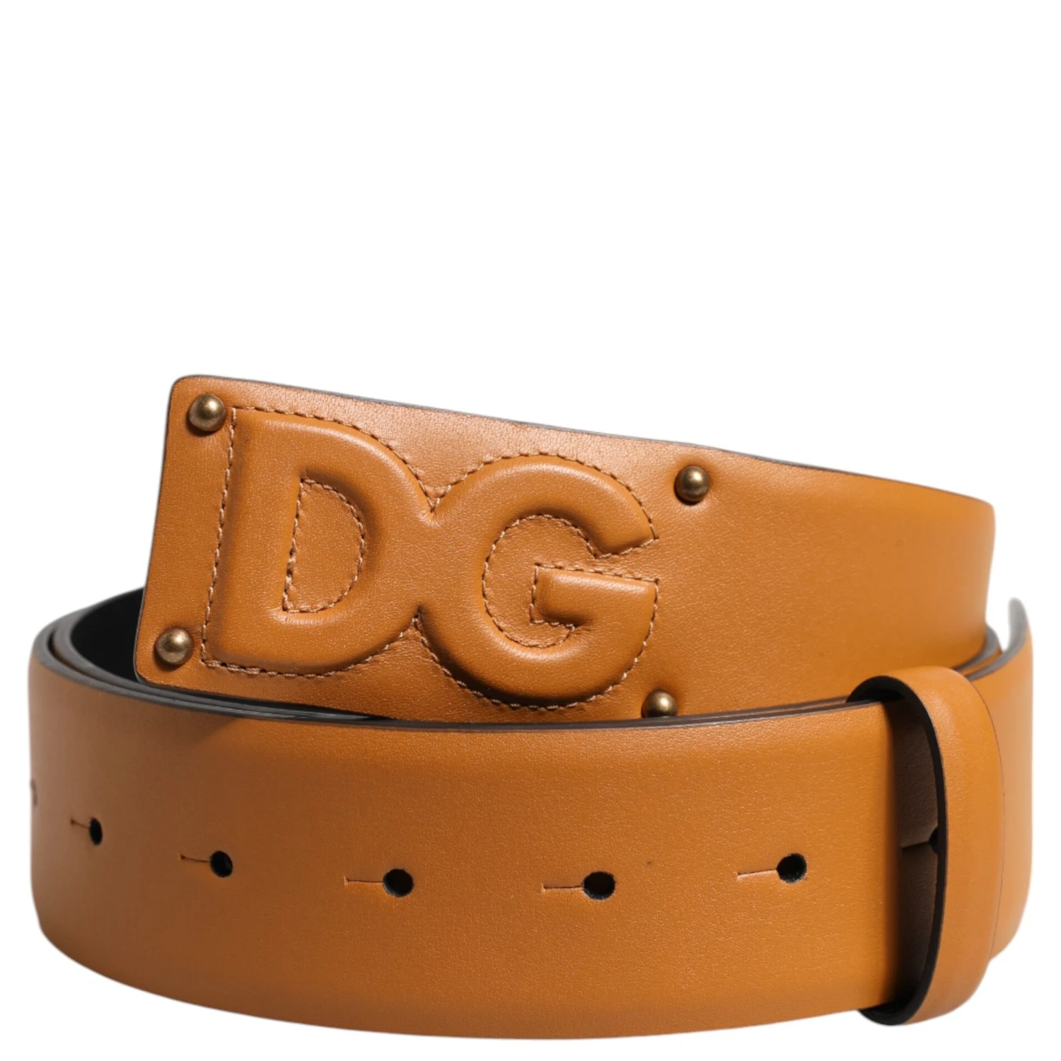 Brown Leather Buckle DG Logo Embossed Belt