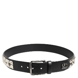 Black Calf Leather Studded Silver Buckle Belt