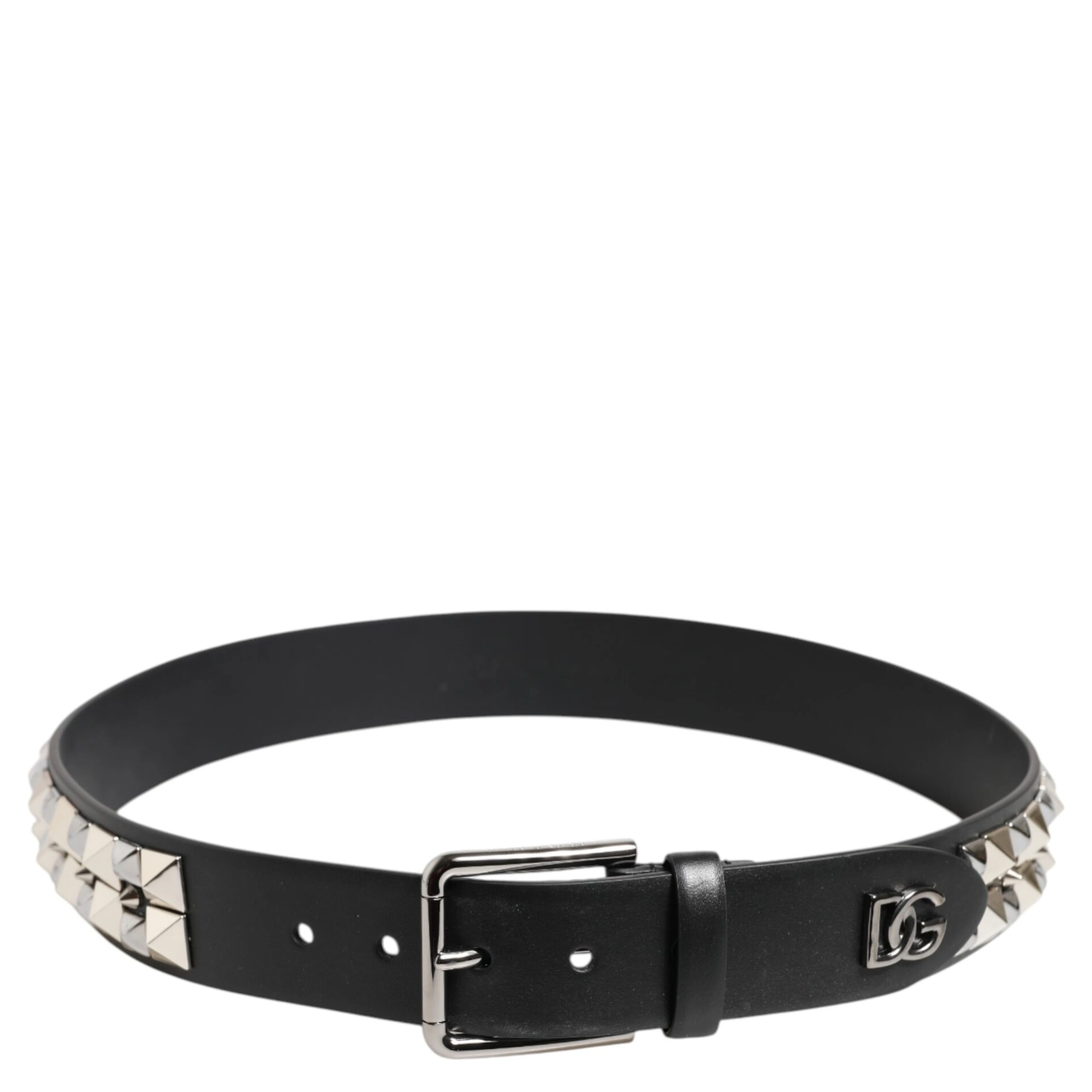 Black Calf Leather Studded Silver Buckle Belt