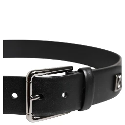 Black Calf Leather Studded Silver Buckle Belt