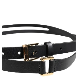 Black Double Strap Leather Gold Buckle Belt