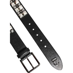 Black Calf Leather Studded Silver Buckle Belt