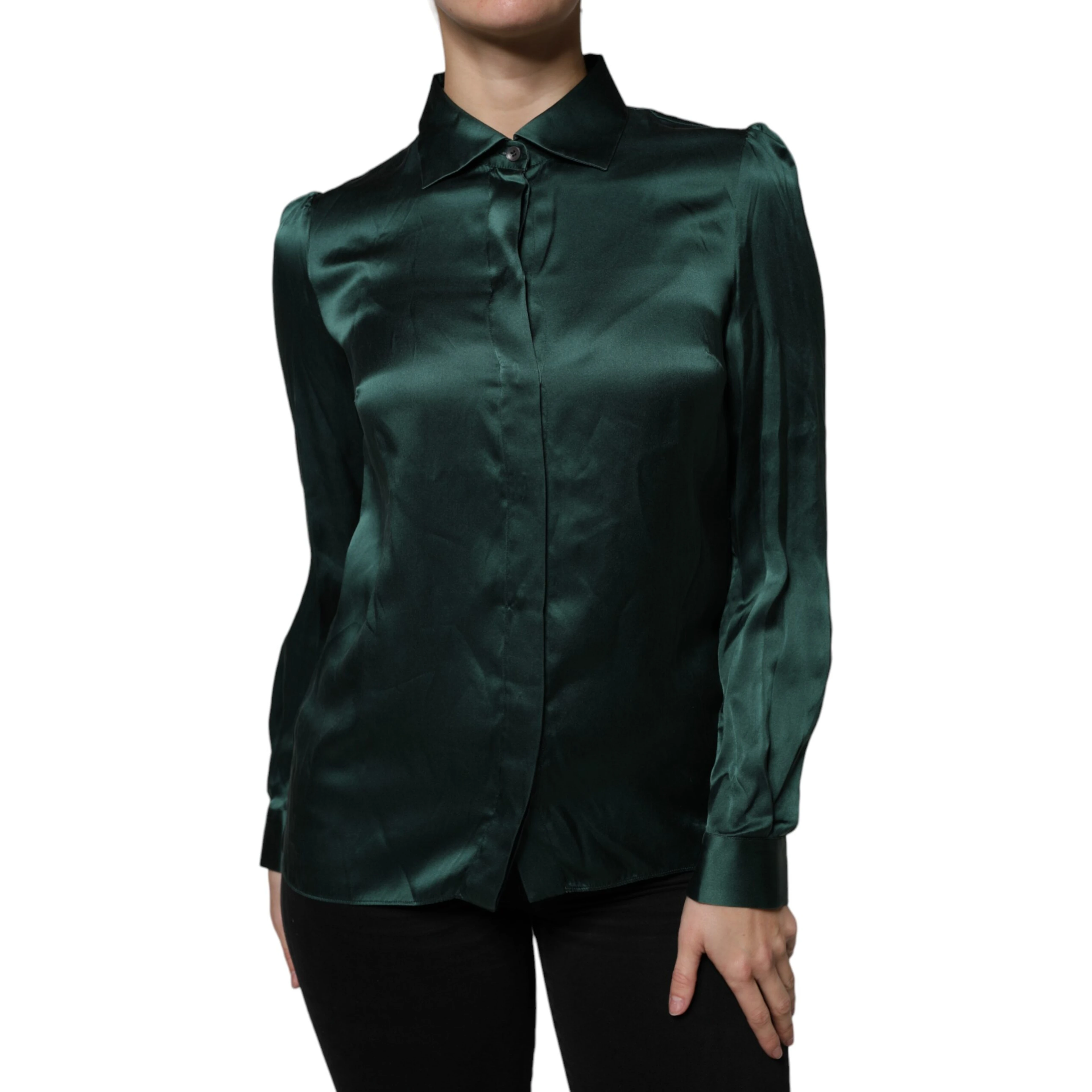 Dark Green Silk Button Down Long Sleeves Blouse Top