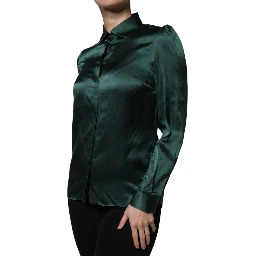 Dark Green Silk Button Down Long Sleeves Blouse Top