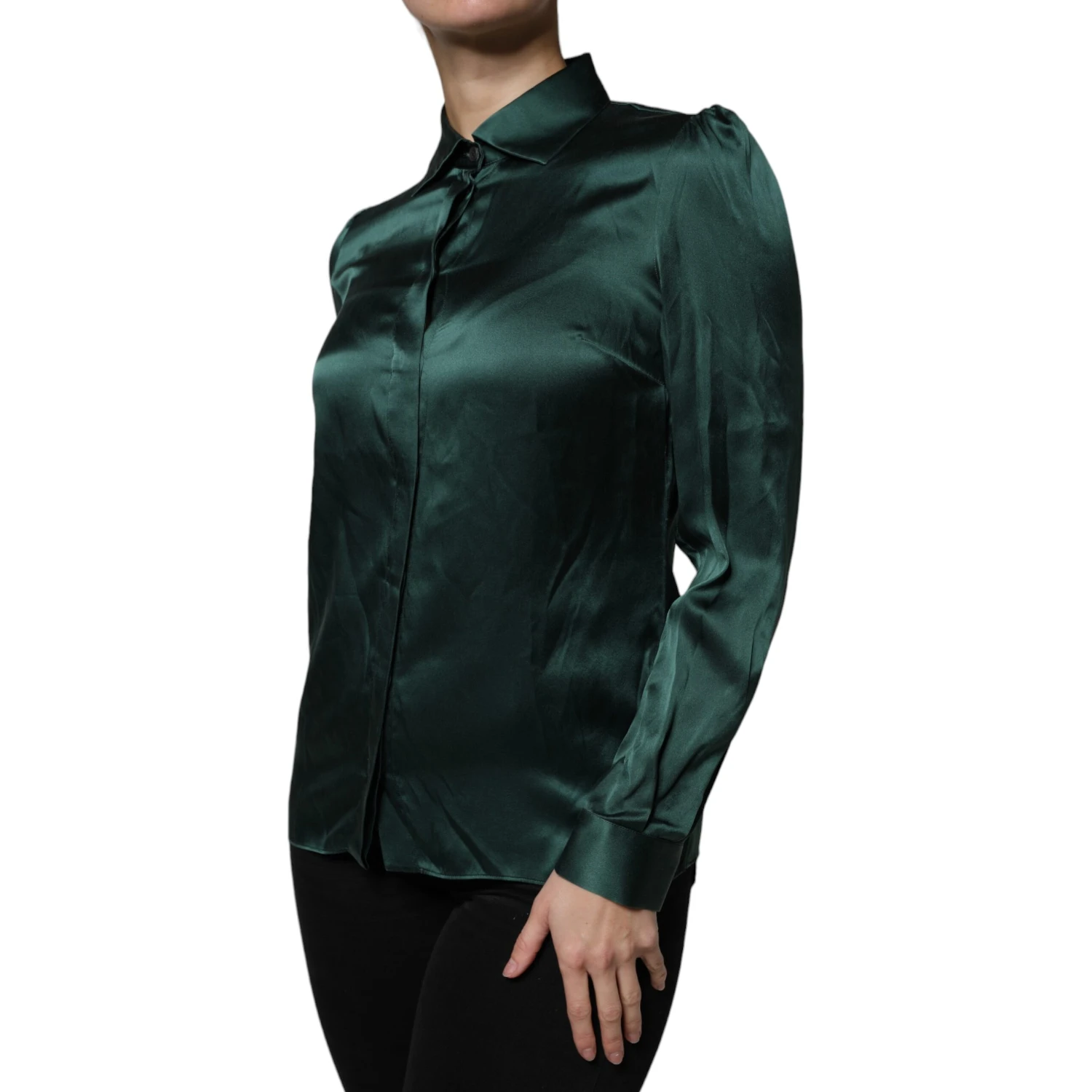 Dark Green Silk Button Down Long Sleeves Blouse Top