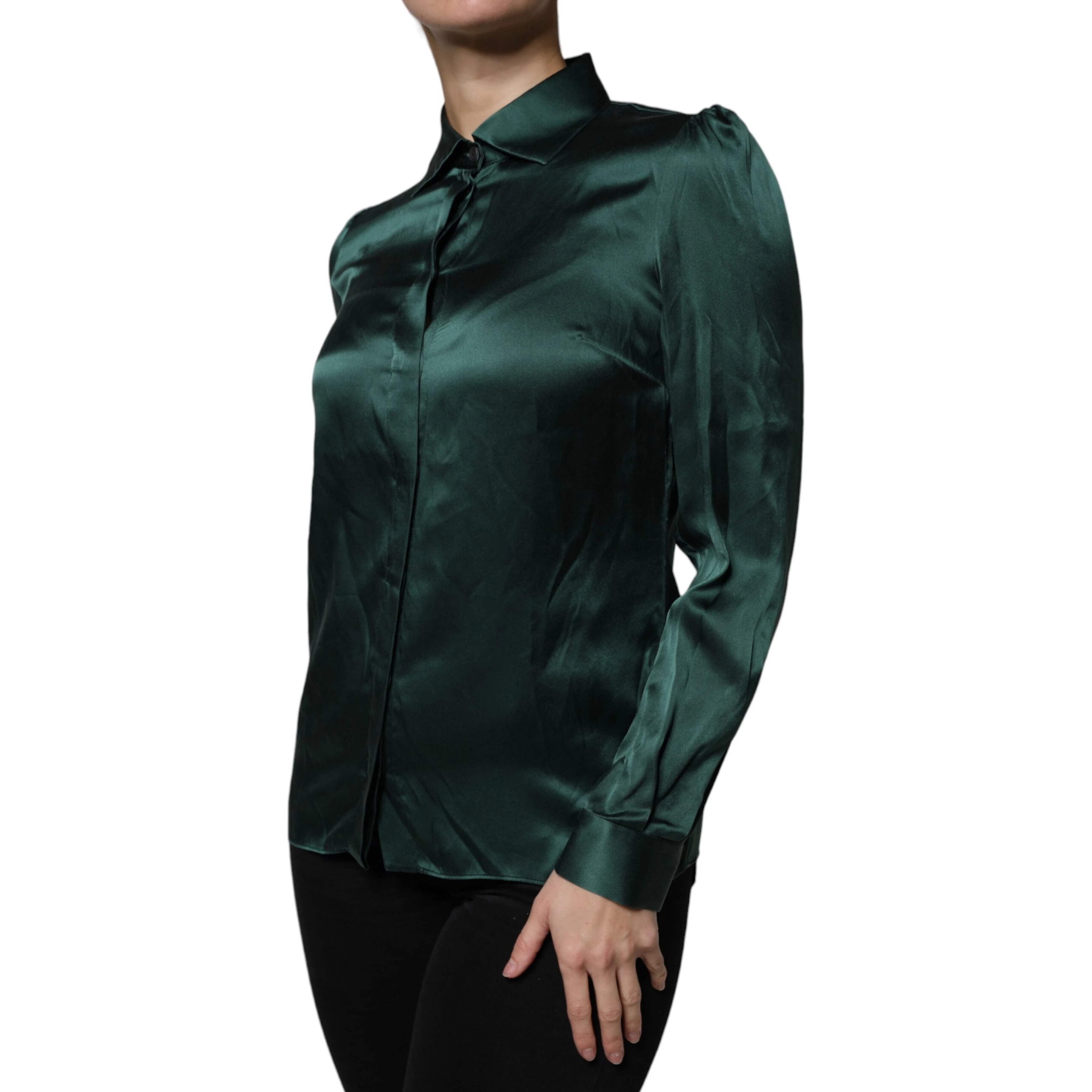 Dark Green Silk Button Down Long Sleeves Blouse Top