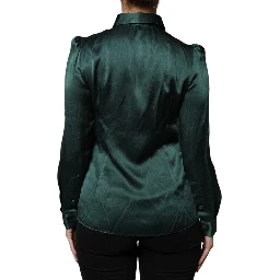 Dark Green Silk Button Down Long Sleeves Blouse Top