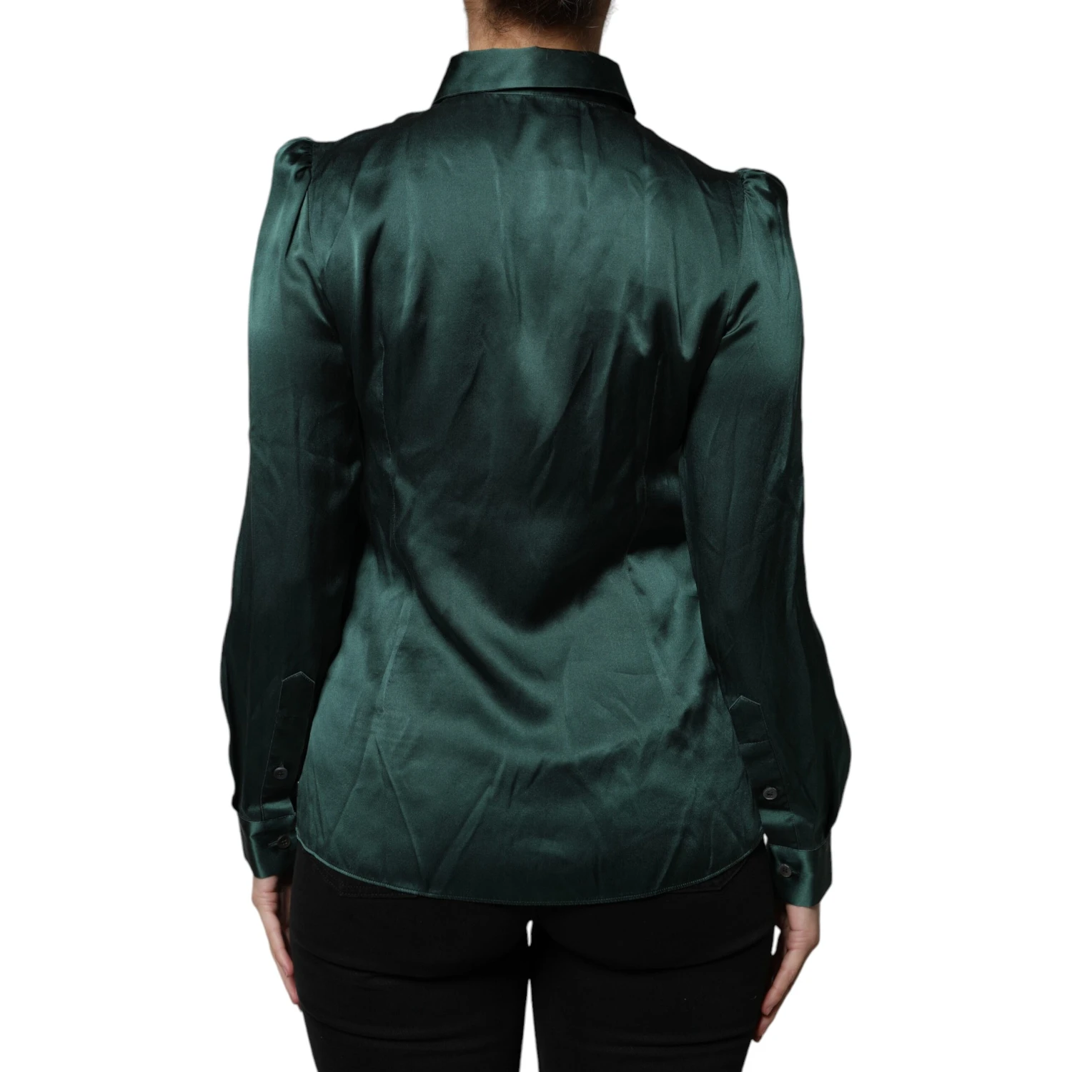 Dark Green Silk Button Down Long Sleeves Blouse Top