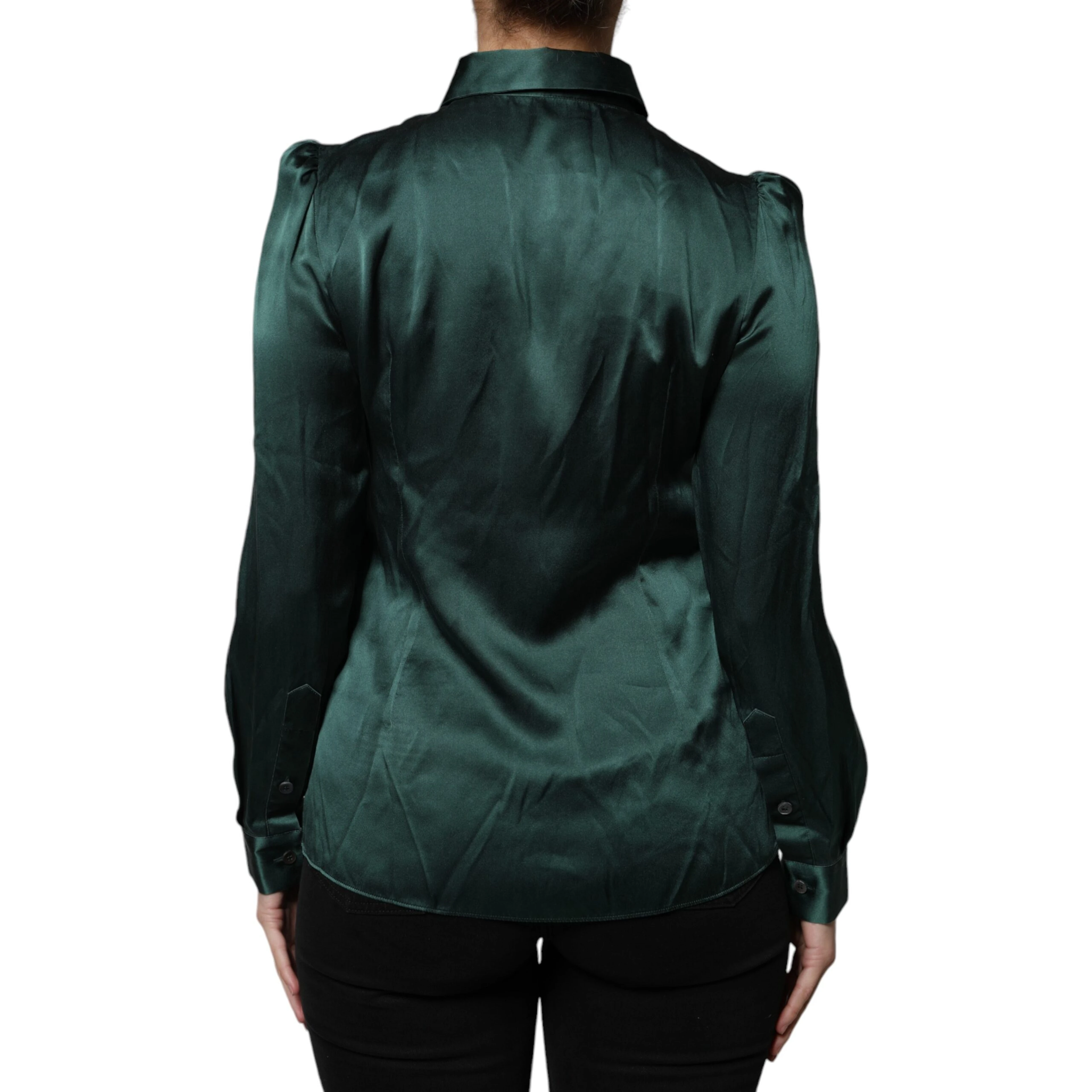 Dark Green Silk Button Down Long Sleeves Blouse Top
