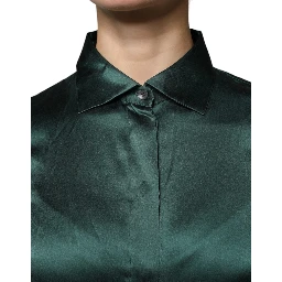 Dark Green Silk Button Down Long Sleeves Blouse Top