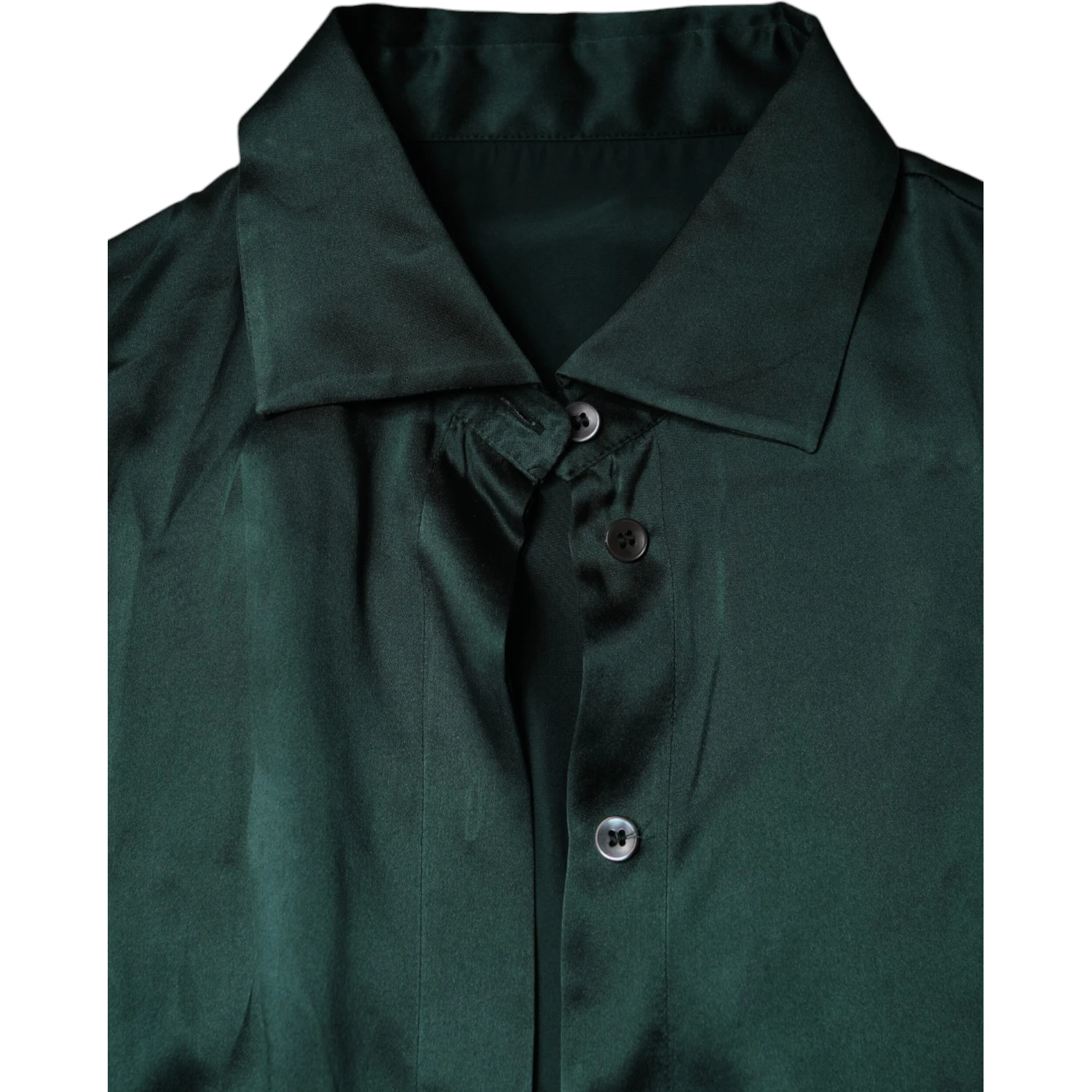 Dark Green Silk Button Down Long Sleeves Blouse Top