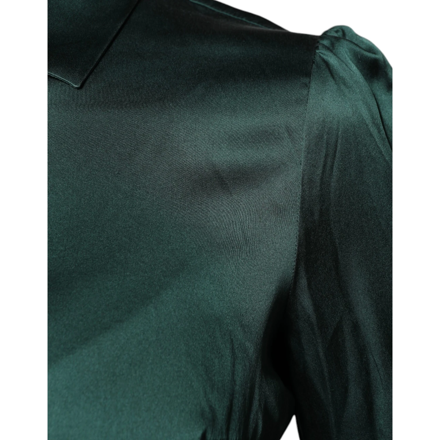 Dark Green Silk Button Down Long Sleeves Blouse Top