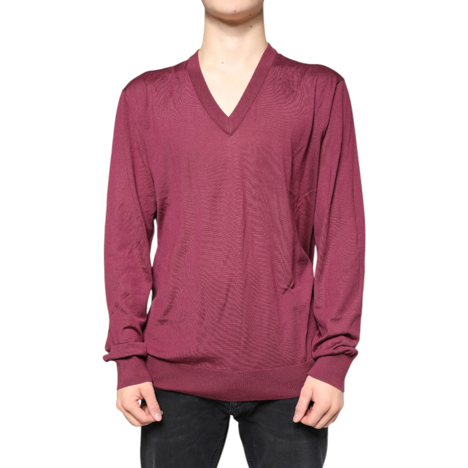 Maroon Cashmere V-neck Men Pullover Sweater