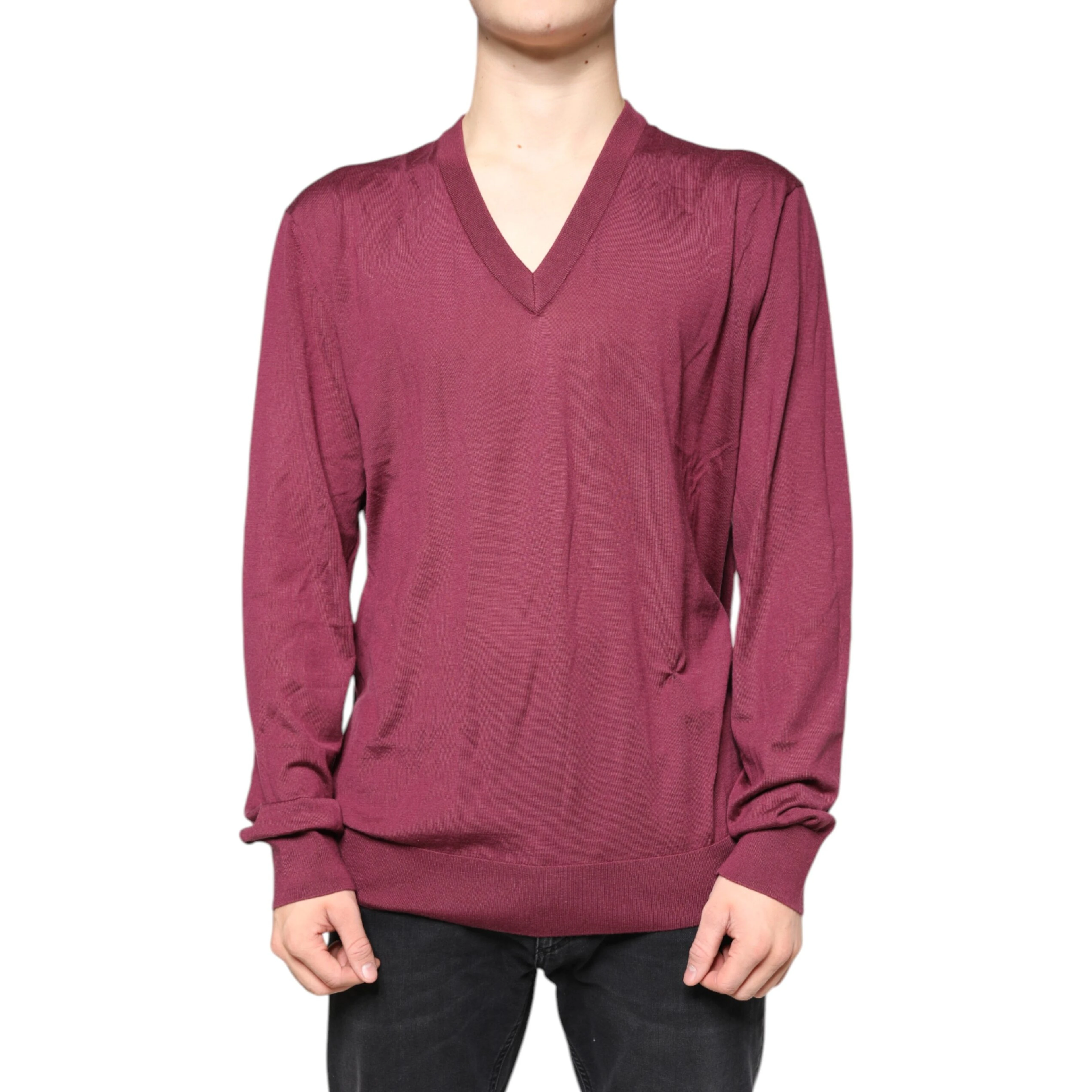 Maroon Cashmere V-neck Men Pullover Sweater
