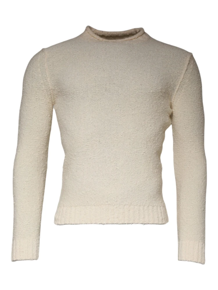 Beige Wool Knit Long Sleeve Round Neck Pullover Sweater